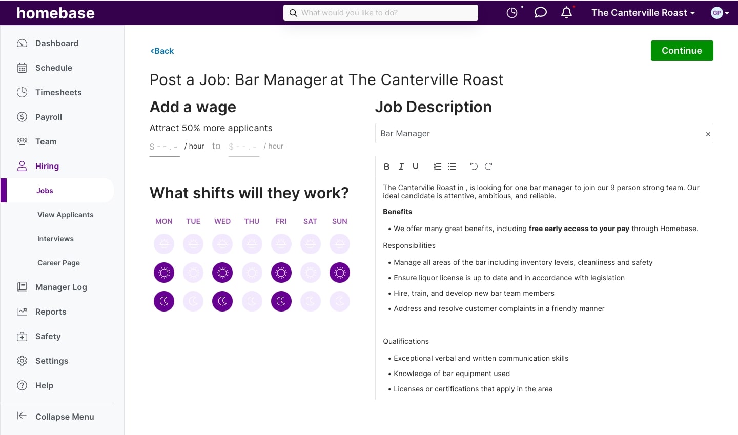 Screenshot of a job template with expected hours on Homebase.