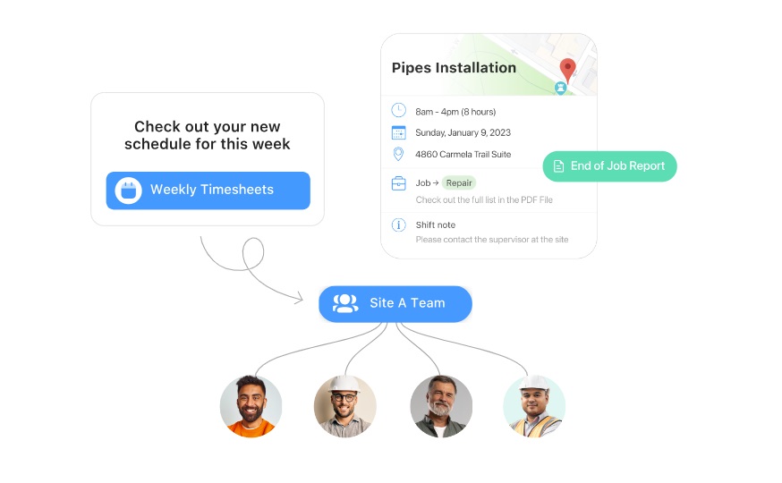 A view of Connecteam’s scheduling, job planning and reporting, and site team tools.