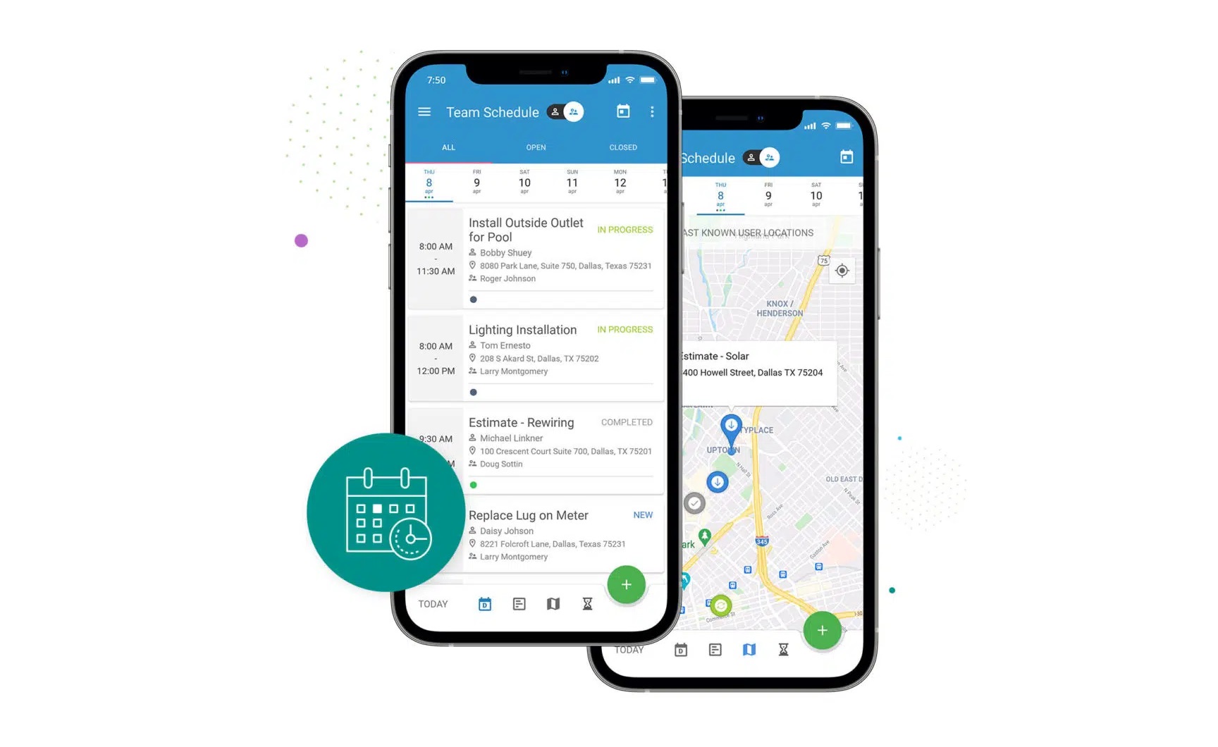 A view of two smartphone screens with job scheduling, location map, and job progress.