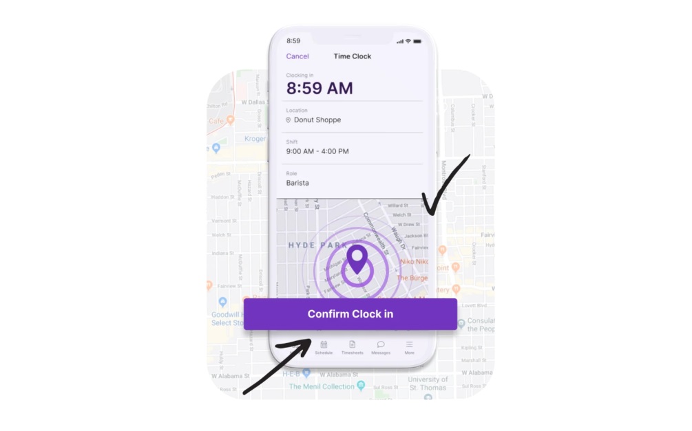 A view of Homebase’s time clock tools on a smartphone.