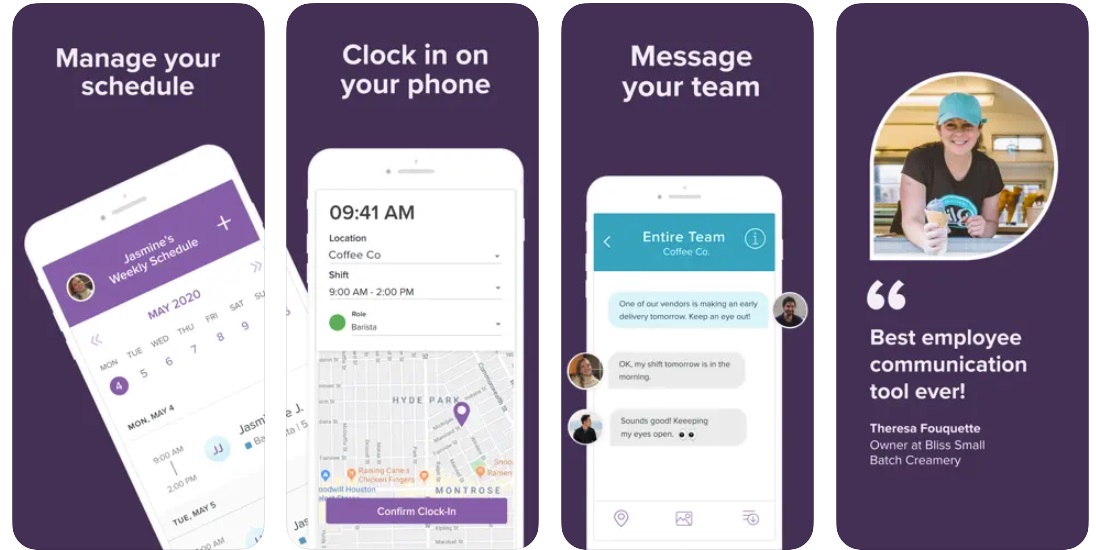Four screens showing how Homebase lets you manage your schedule, use your phone as a time clock, and improve staff communication between jobs.