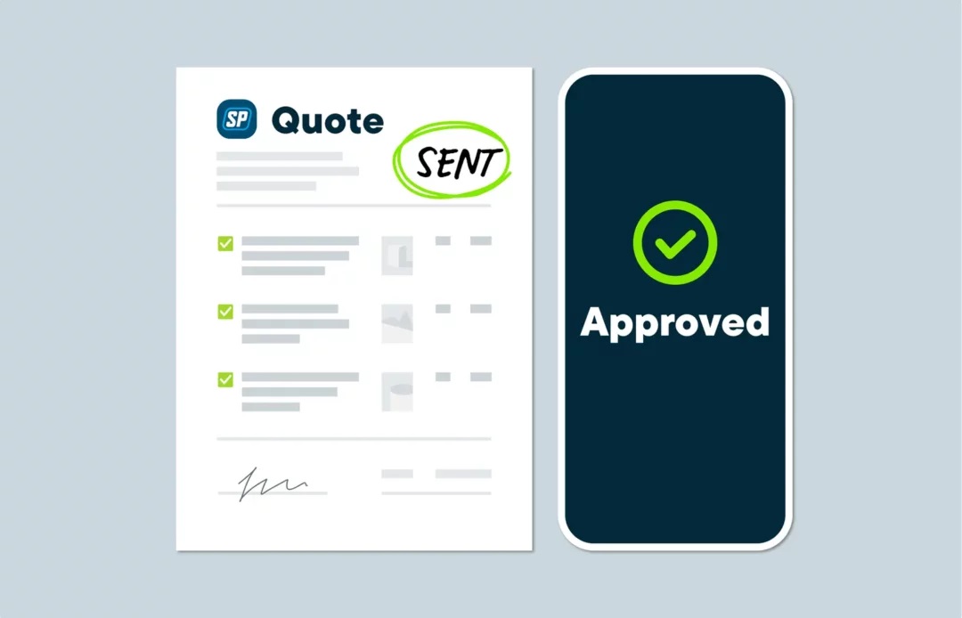 Two screens showing a sent quote and an approved screen with Jobber.