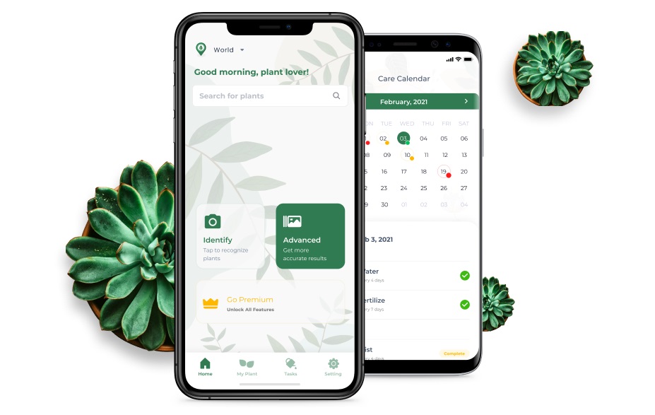 Two phone screens showing the LeafSnap homepage and a care reminder calendar.