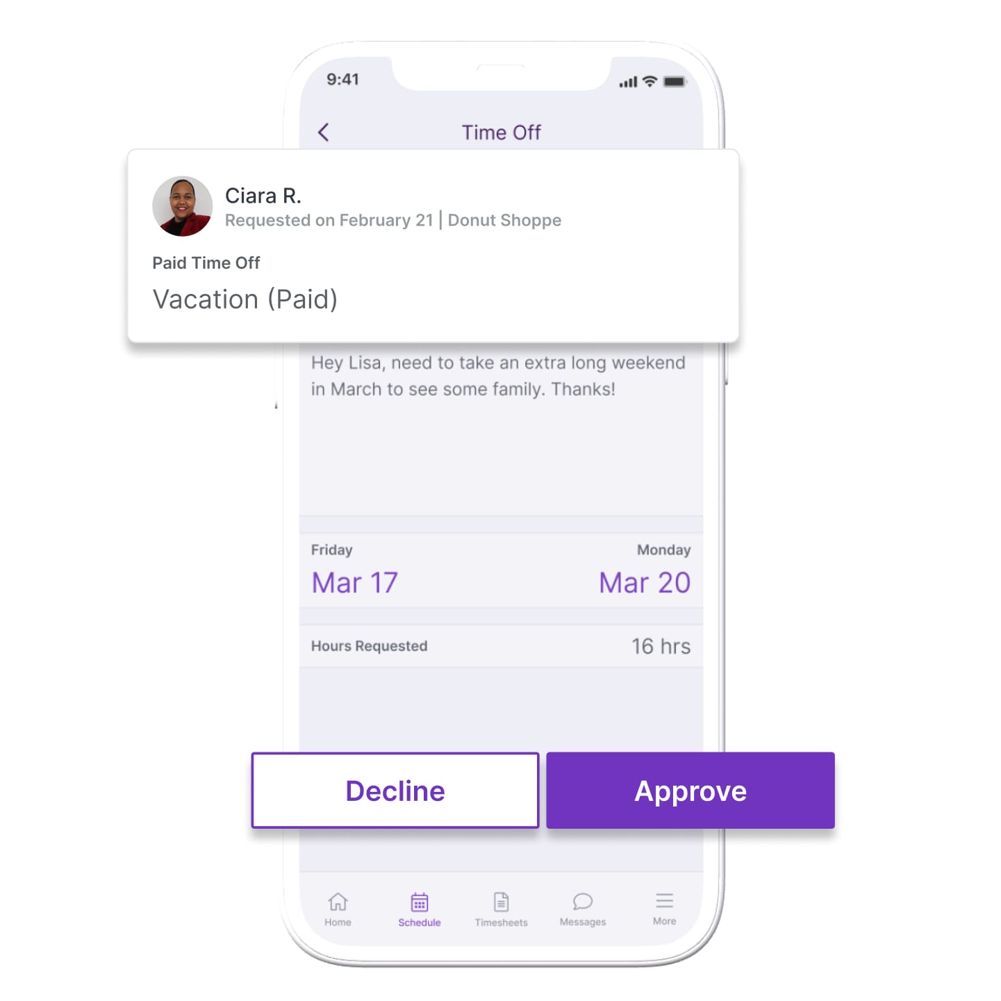Ability to approve or decline time off requests