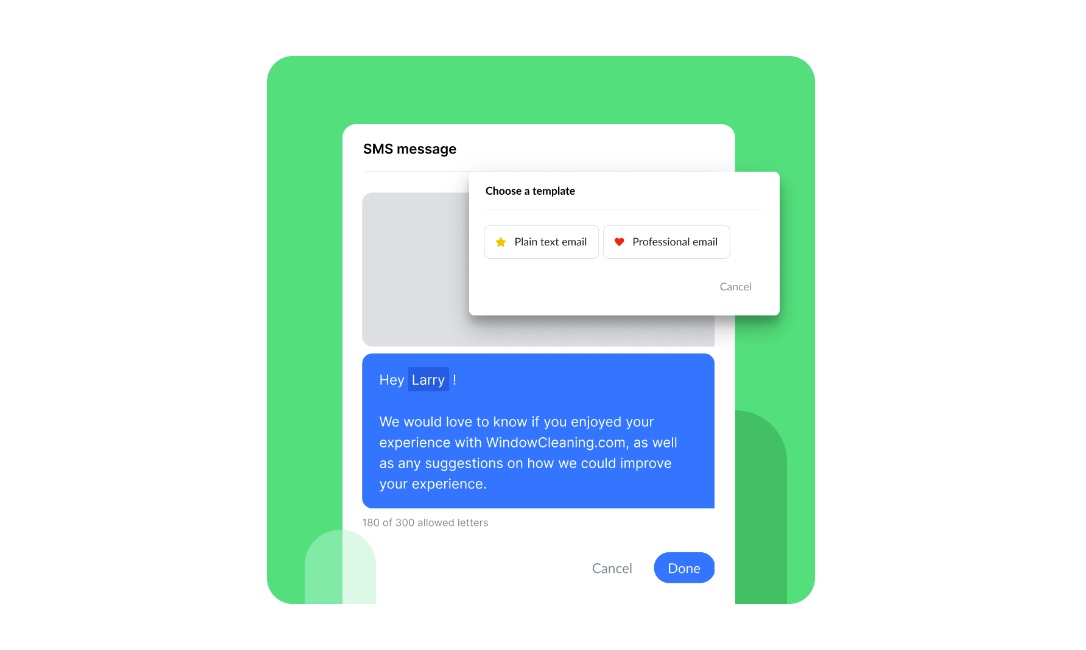 A view of NiceJob with a text message template on the screen.