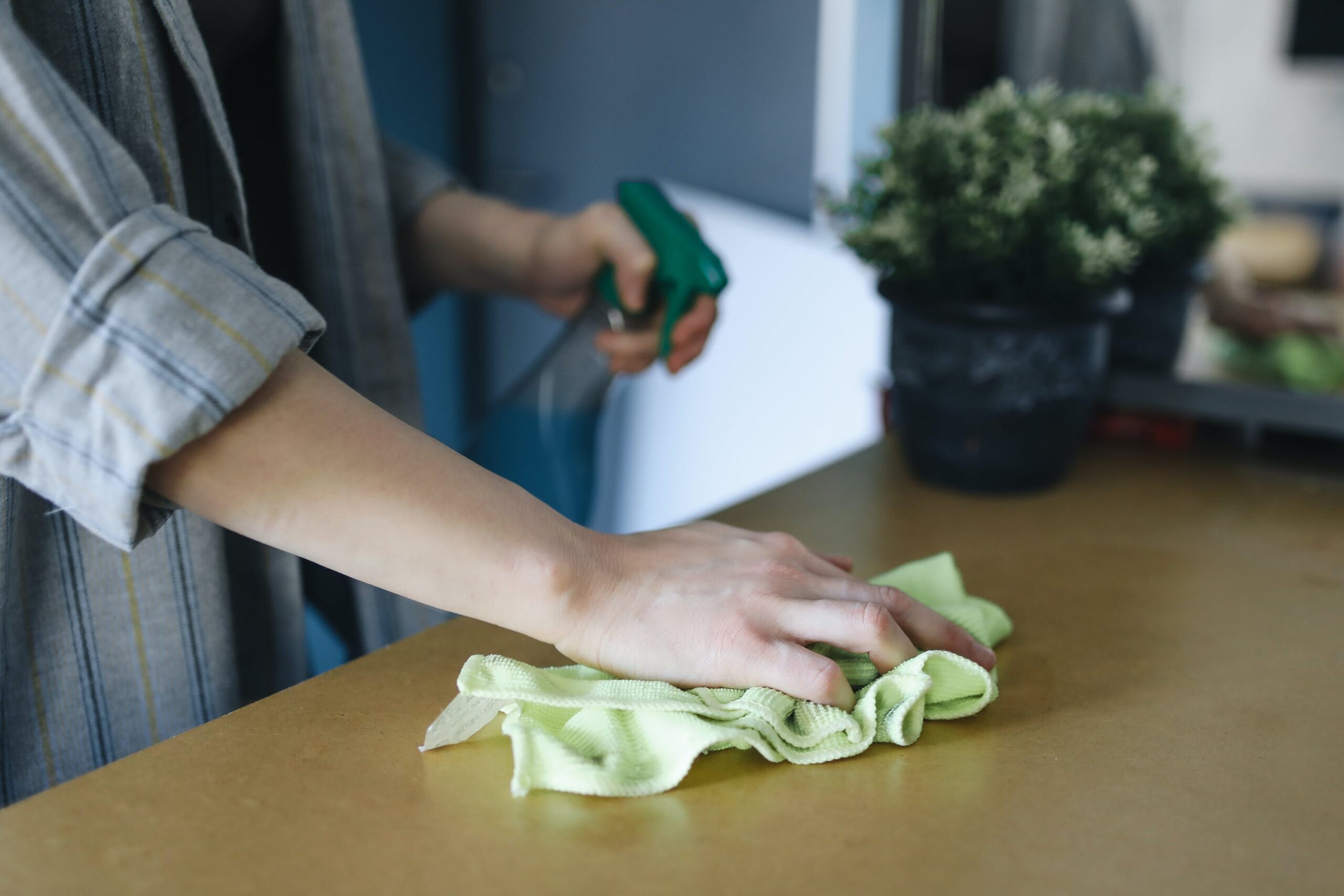 Woman cleaning table with spray