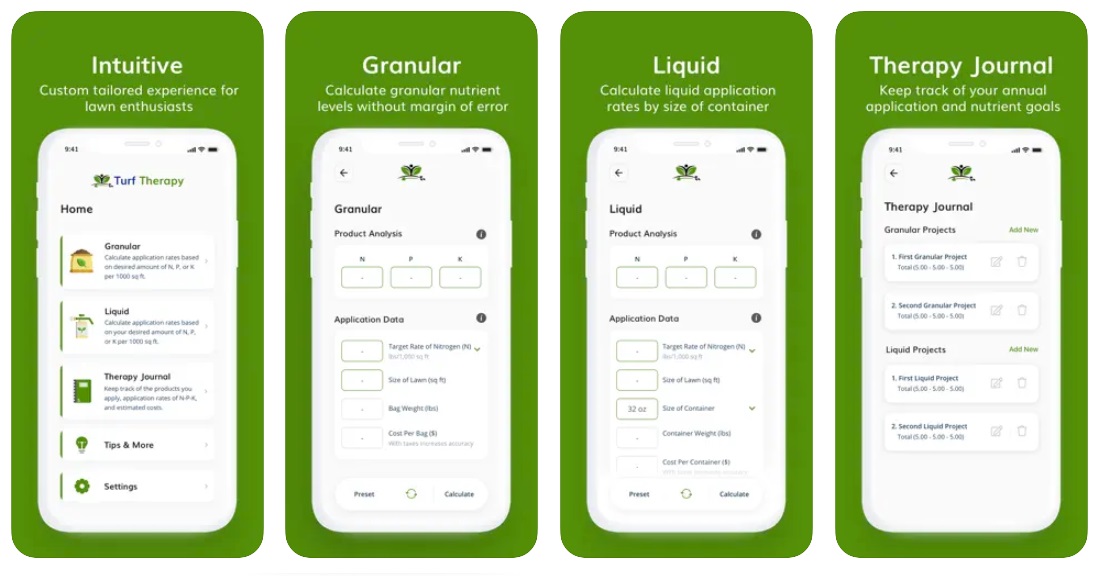 Four phone screens showing Turf Therapy’s features.