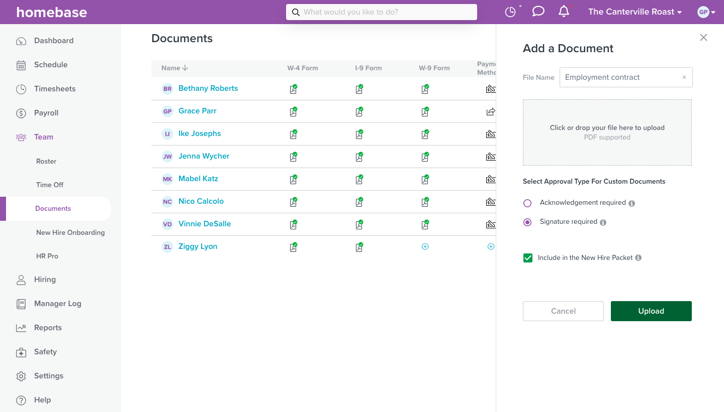 A screenshot of the document manager on Homebase.