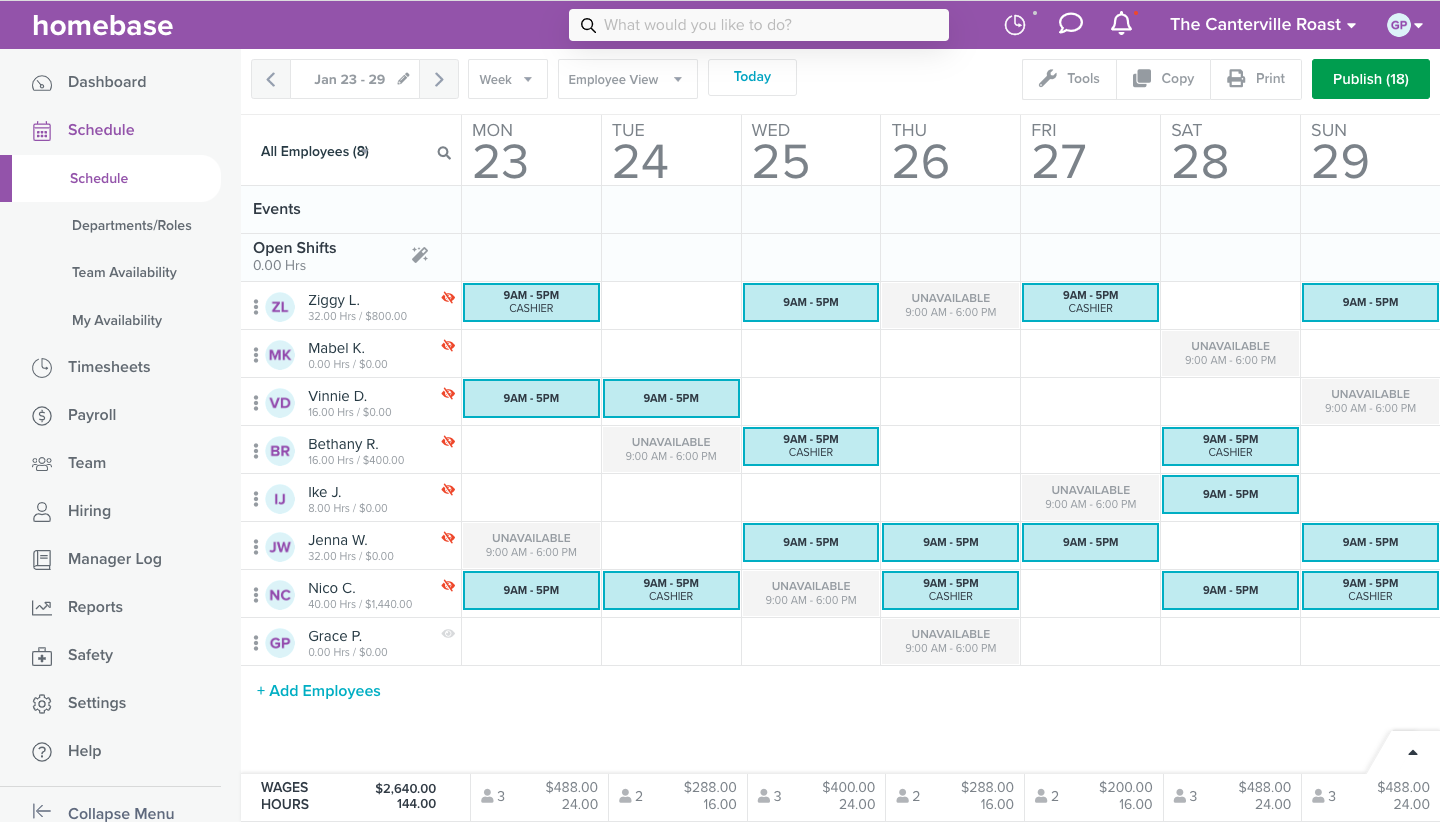 A screenshot of an autopopulated Homebase schedule.