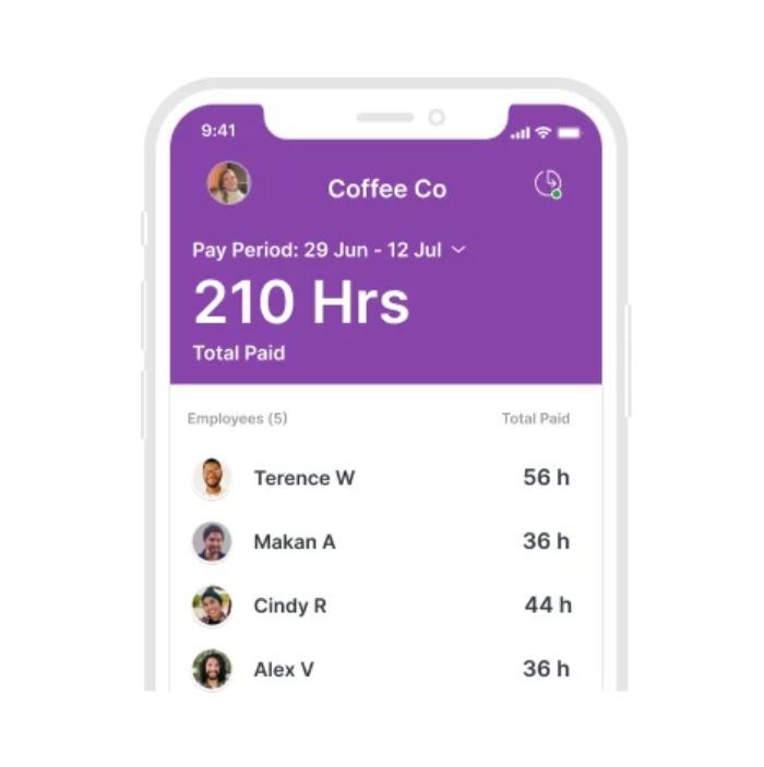 screenshot of Homebase Timesheets app showing employee hours paid for between 29th June and 12th July