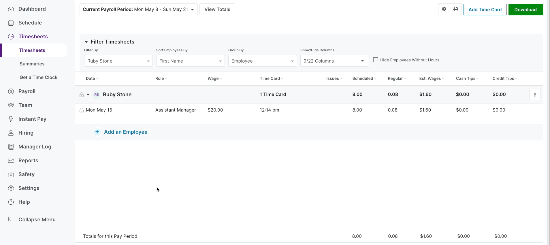 A screenshot of Homebase's timesheets dashboard.