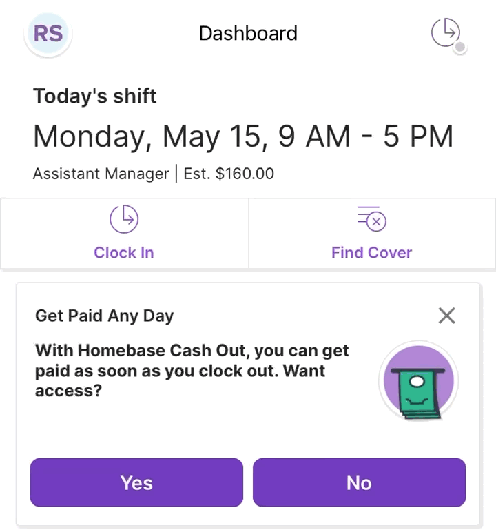 A screenshot of the time clock on the Homebase employee app.