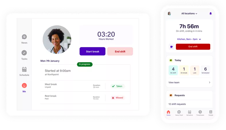 Screenshots of the employee version of Deputy's time clock app on a tablet and a mobile.