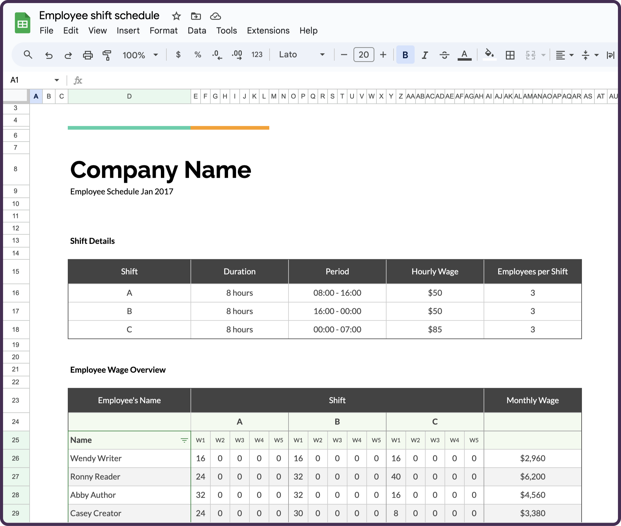 Employee schedule template