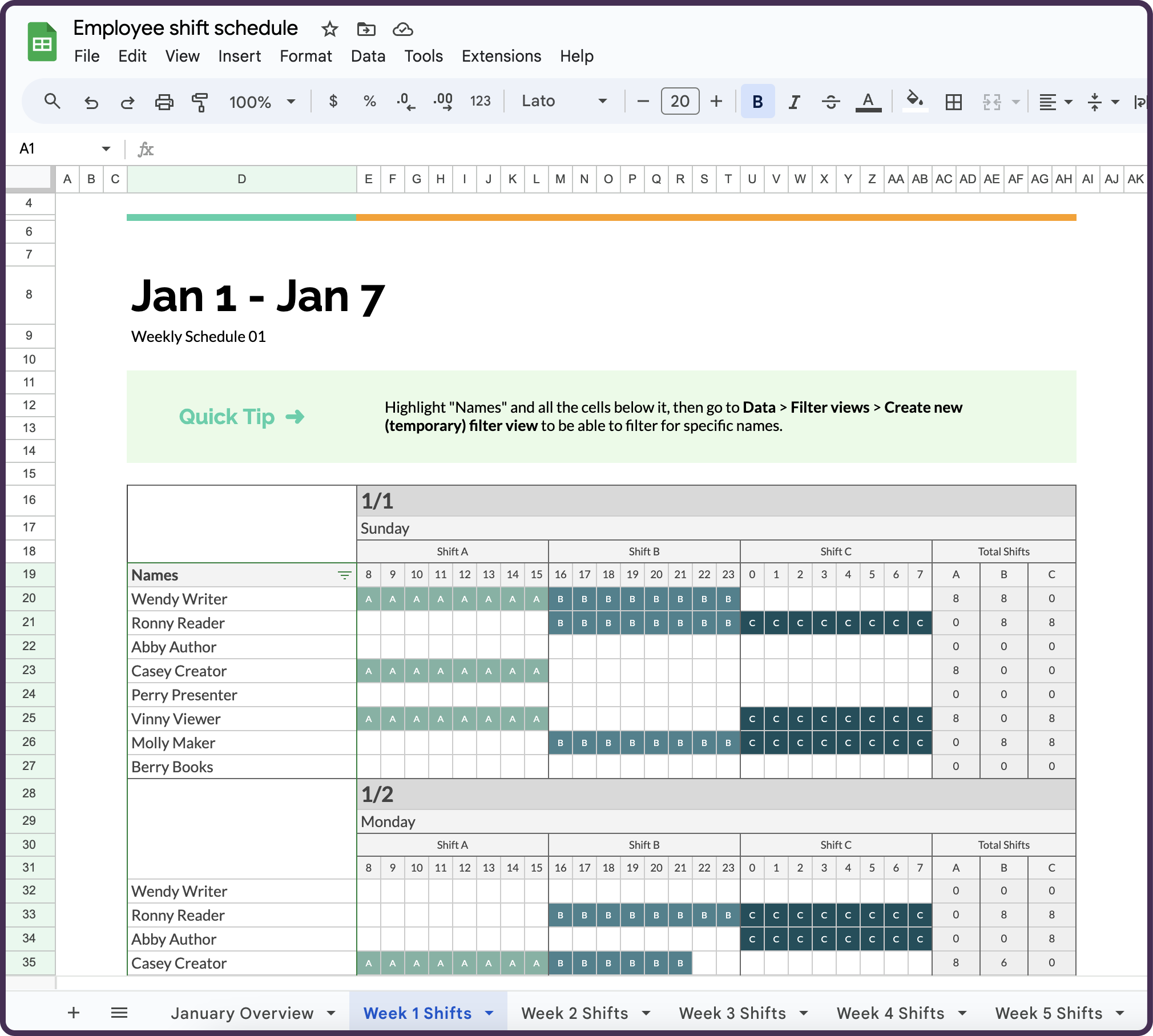 Employee schedule template