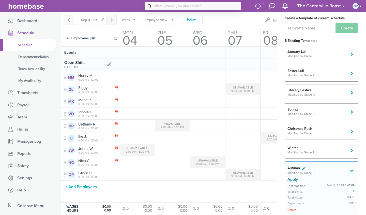 A screenshot of a Homebase schedule with the schedule templates displayed in a drop down menu.