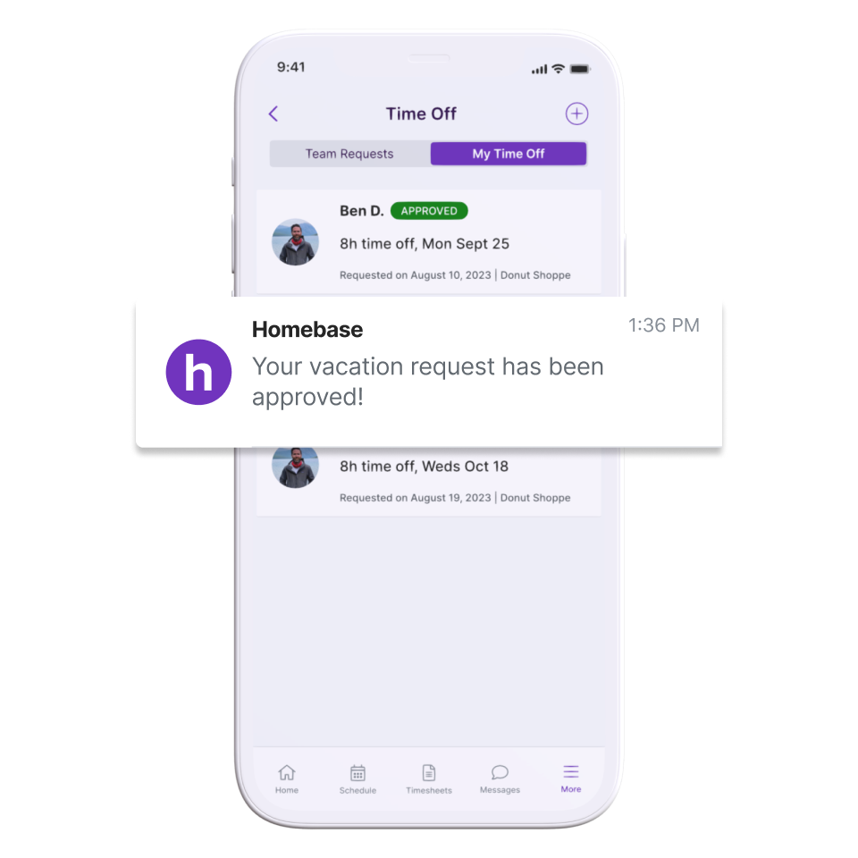 Employee view of paid time off request approval alert