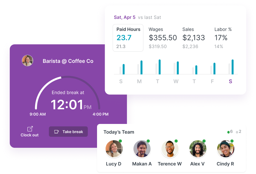 A graphic that shows different views of Homebase's time clock interface.