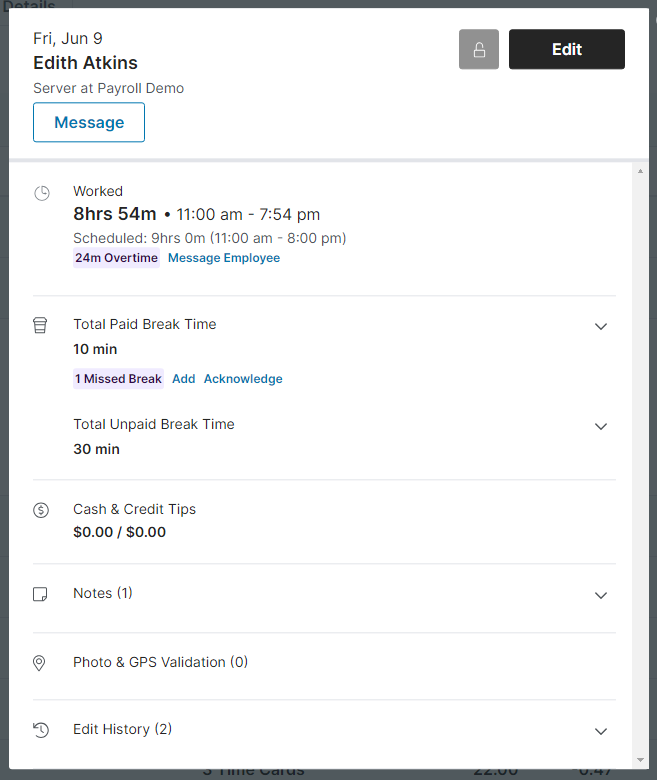 A screenshot showing how Homebase's time clock app alerts managers when times recorded in the clocking in and out system don't match scheduled hours.