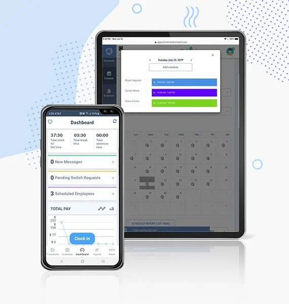 Overlapping graphics of the Time Clock Wizard mobile and tablet app.