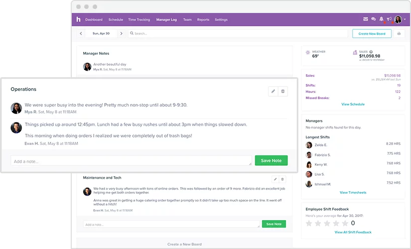 A screenshot of a manager logbook within Homebase.