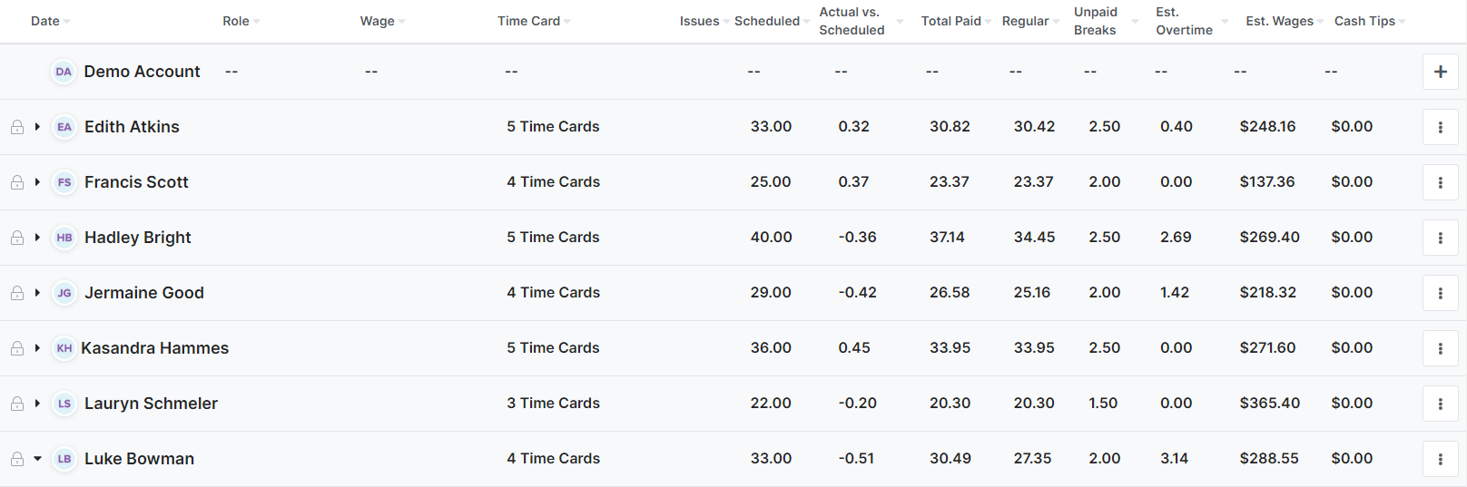 A screenshot showing clocking in and out data collected from Homebase's time clock app.