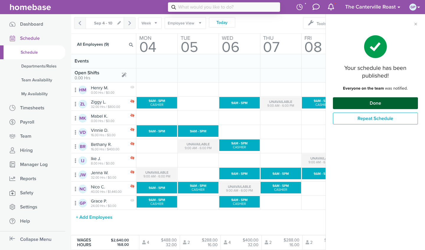 A screenshot of a finished Homebase schedule.