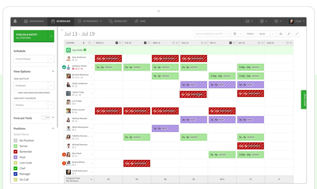 A screenshot of When I Work's schedule builder.