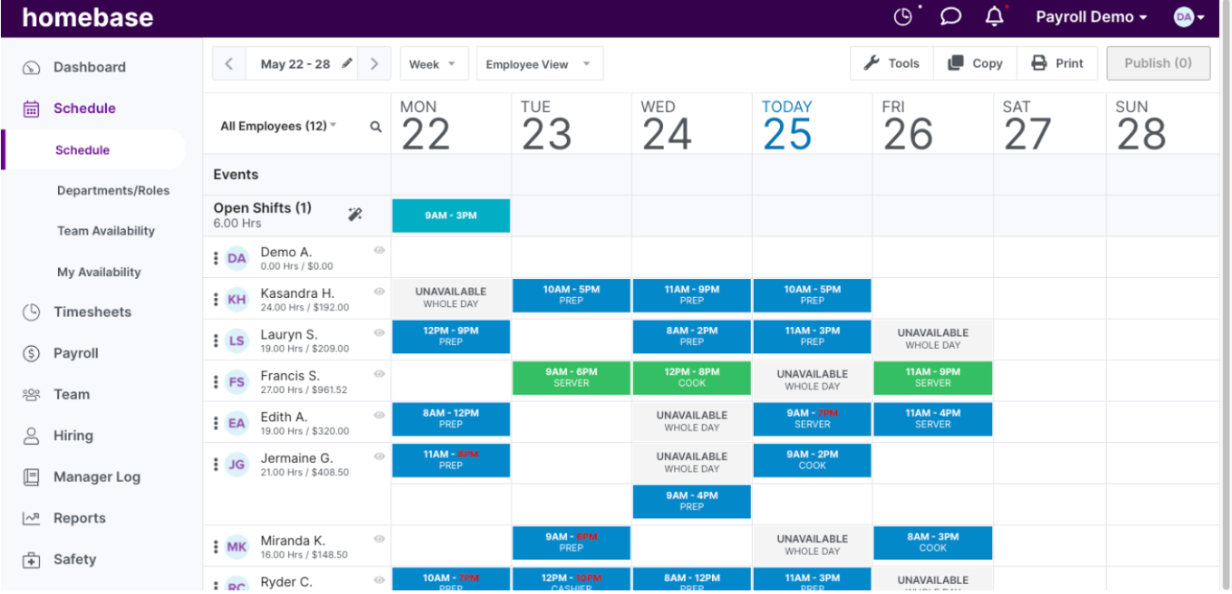 A screenshot of Homebase's schedule builder.