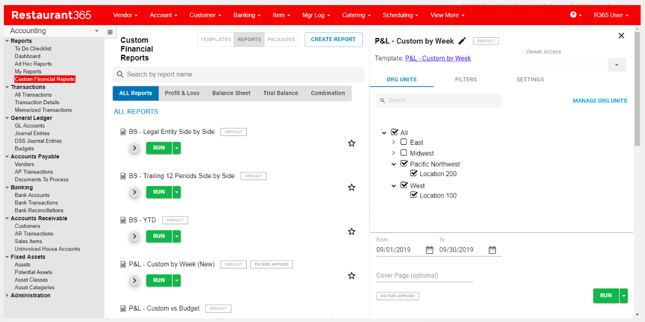 A screenshot of Restaurant365's accounting dashboard.
