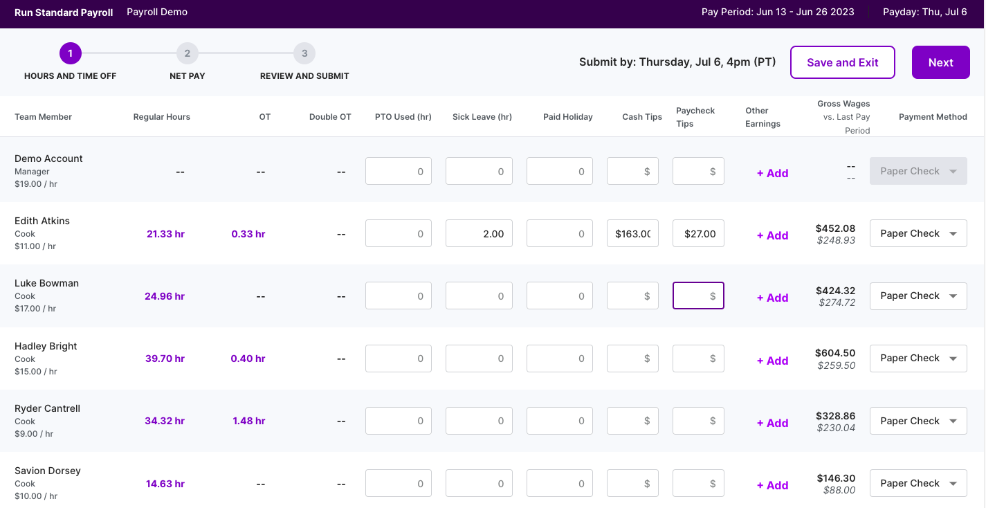 A screenshot of Homebase's built-in, full-service payroll tool.