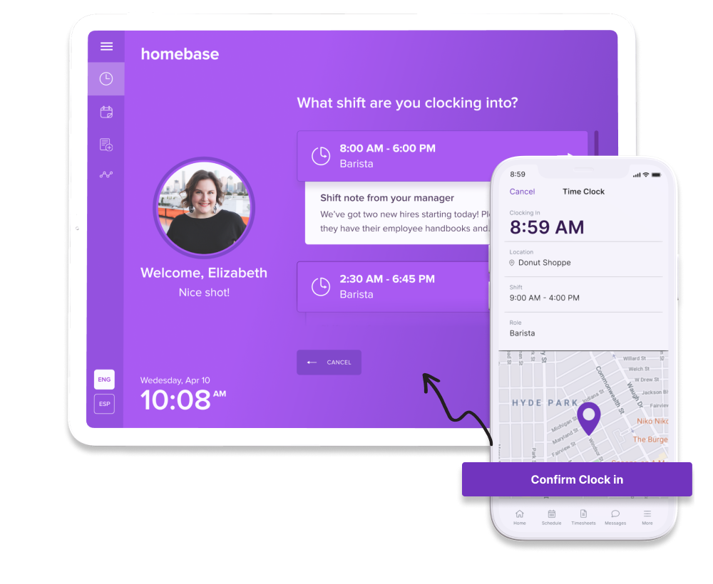 Homebase's Time Clock product on phone and tablet